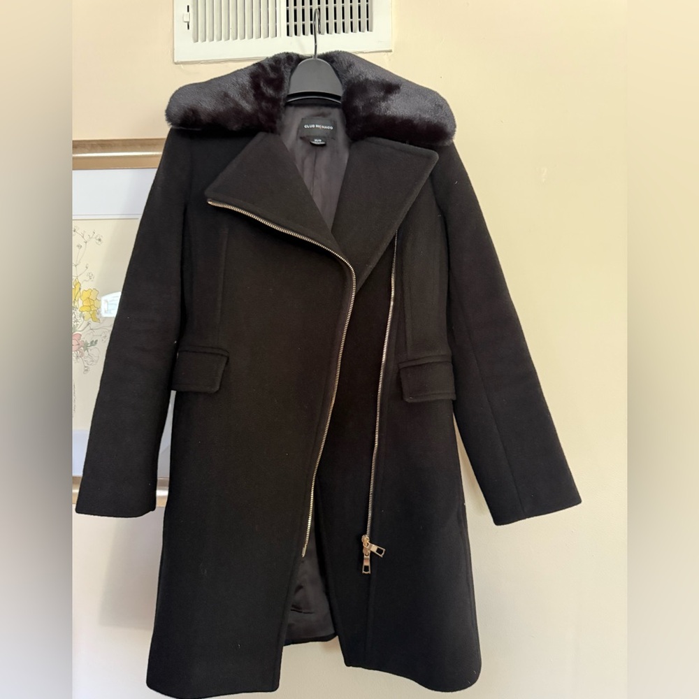 Club Monaco Black Trench Coat with Fur Collar